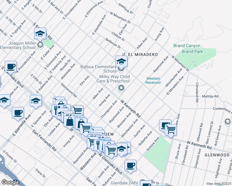 map of restaurants, bars, coffee shops, grocery stores, and more near 1815 West Kenneth Road in Glendale