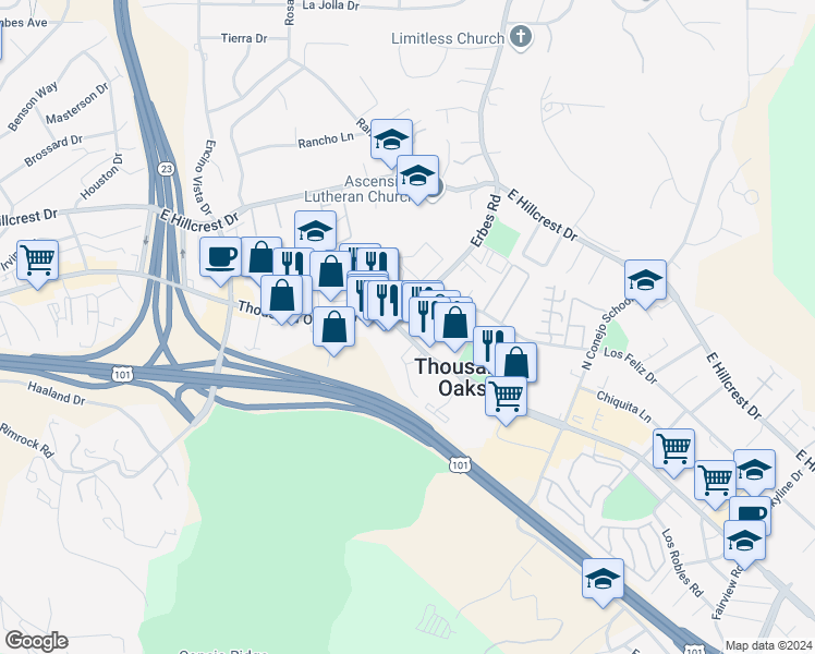 map of restaurants, bars, coffee shops, grocery stores, and more near 1715 Thousand Oaks Boulevard in Thousand Oaks