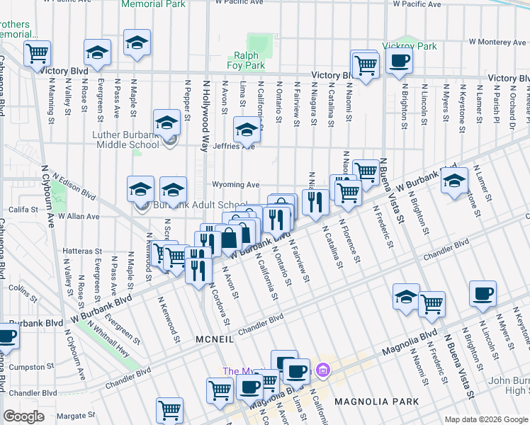 map of restaurants, bars, coffee shops, grocery stores, and more near 1500 North California Street in Burbank