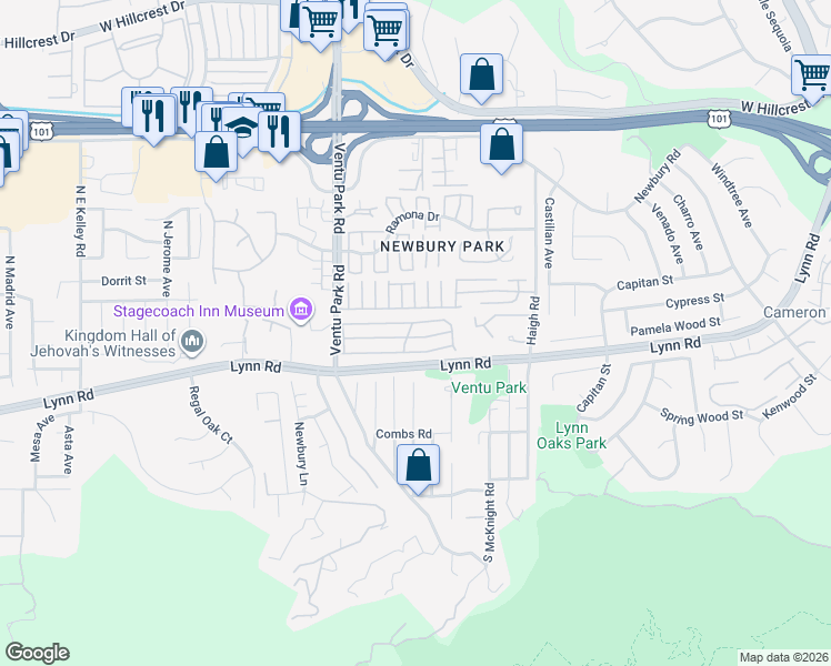 map of restaurants, bars, coffee shops, grocery stores, and more near 250 Farland Drive in Thousand Oaks