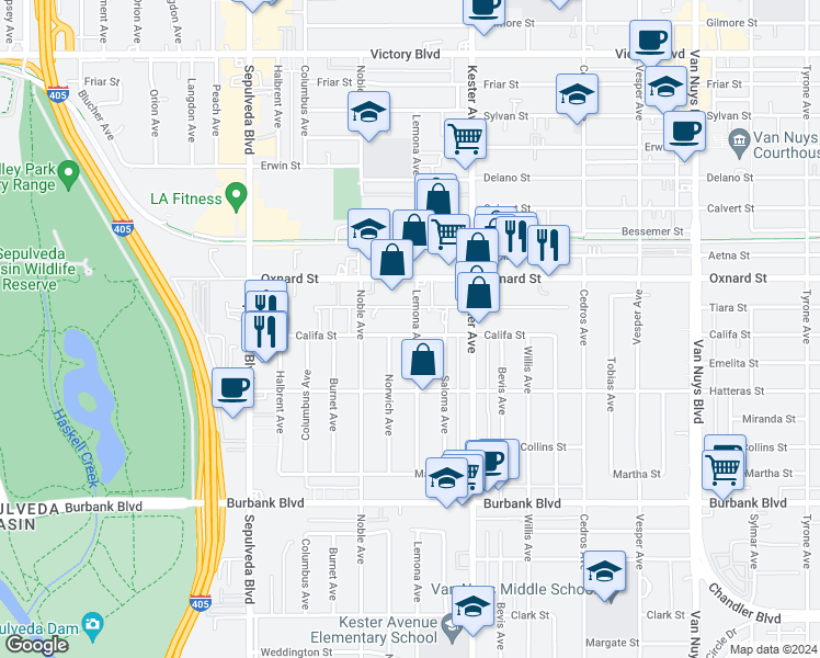 map of restaurants, bars, coffee shops, grocery stores, and more near 5856 Lemona Avenue in Los Angeles