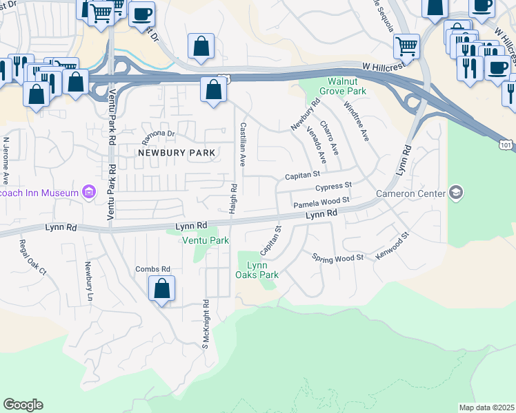 map of restaurants, bars, coffee shops, grocery stores, and more near 887 Tupelo Wood Court in Thousand Oaks