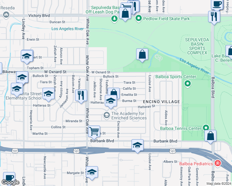 map of restaurants, bars, coffee shops, grocery stores, and more near 17507 Emelita Street in Los Angeles