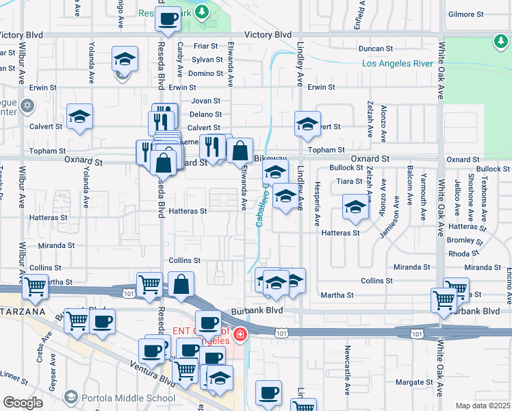 map of restaurants, bars, coffee shops, grocery stores, and more near 5906 Etiwanda Avenue in Los Angeles