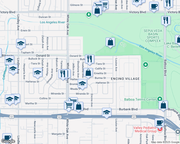 map of restaurants, bars, coffee shops, grocery stores, and more near 17507 Emelita Street in Los Angeles