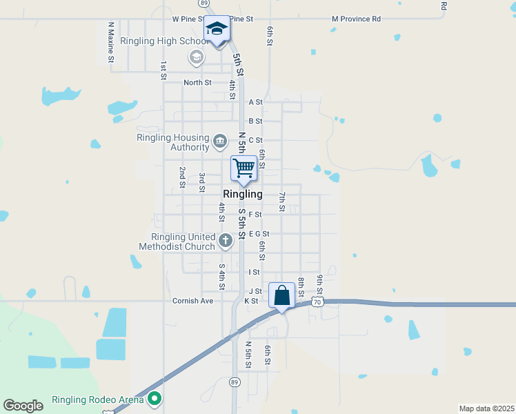 map of restaurants, bars, coffee shops, grocery stores, and more near 116 6th Street in Ringling