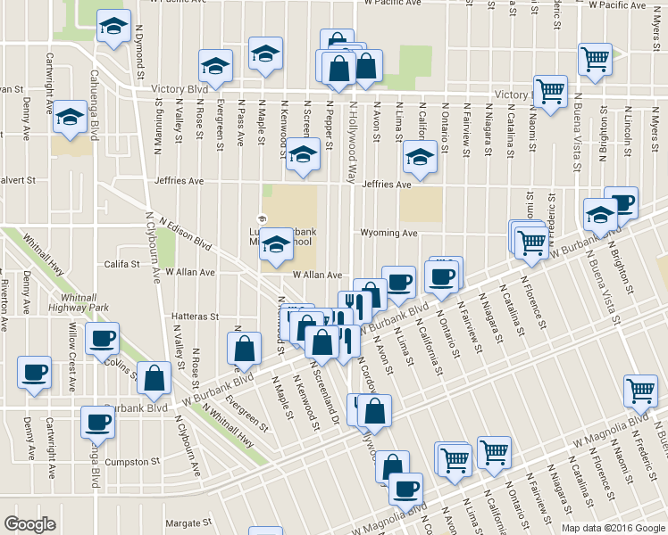 map of restaurants, bars, coffee shops, grocery stores, and more near 1600 North Pepper Street in Burbank