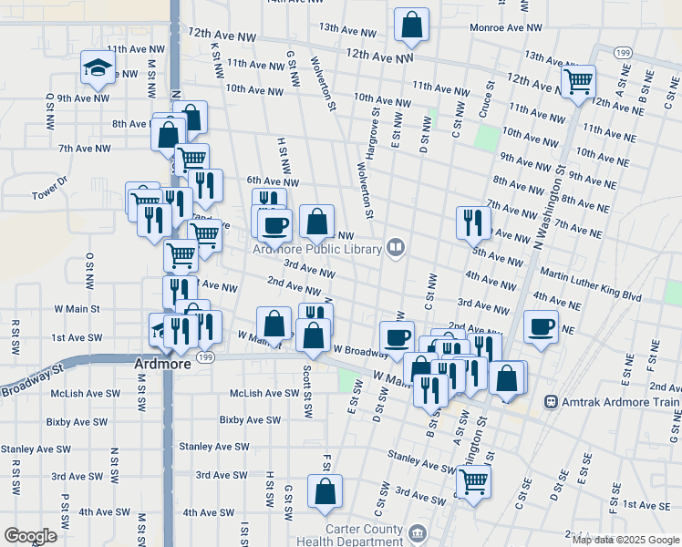 map of restaurants, bars, coffee shops, grocery stores, and more near 620 3rd Avenue Northwest in Ardmore