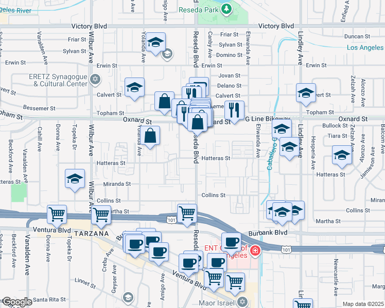 map of restaurants, bars, coffee shops, grocery stores, and more near 5917 Reseda Boulevard in Los Angeles