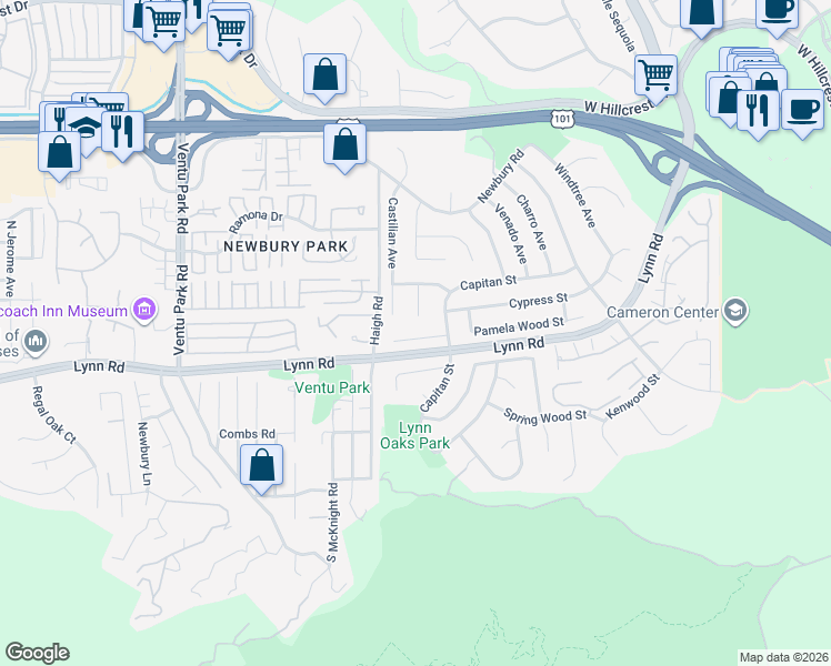 map of restaurants, bars, coffee shops, grocery stores, and more near 887 Tupelo Wood Court in Thousand Oaks
