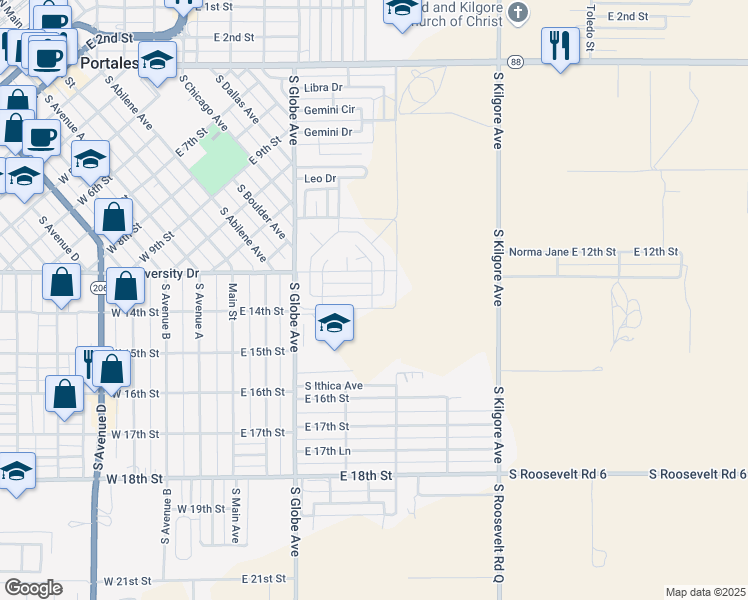 map of restaurants, bars, coffee shops, grocery stores, and more near 1362 East University Drive in Portales