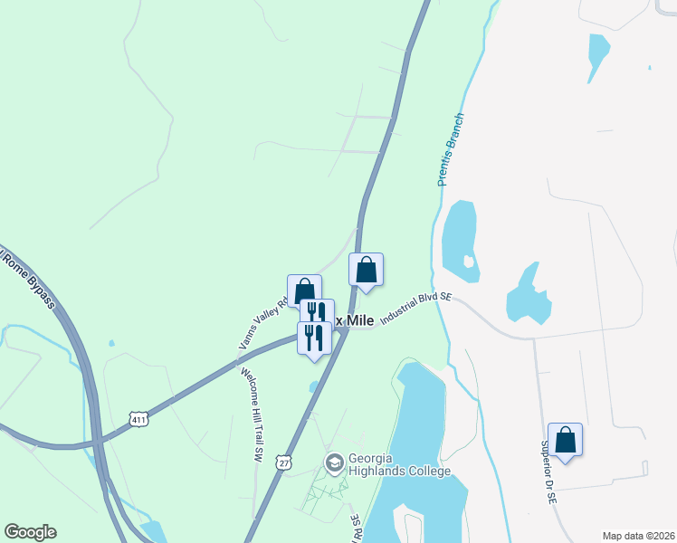 map of restaurants, bars, coffee shops, grocery stores, and more near 65 Vanns Valley Road Southwest in Rome