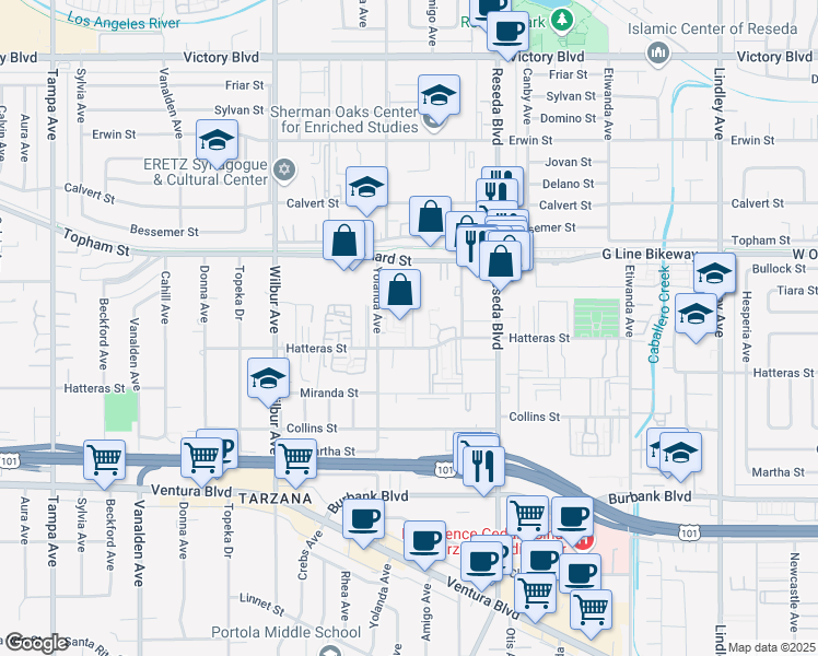 map of restaurants, bars, coffee shops, grocery stores, and more near 18645 Hatteras Street in Los Angeles