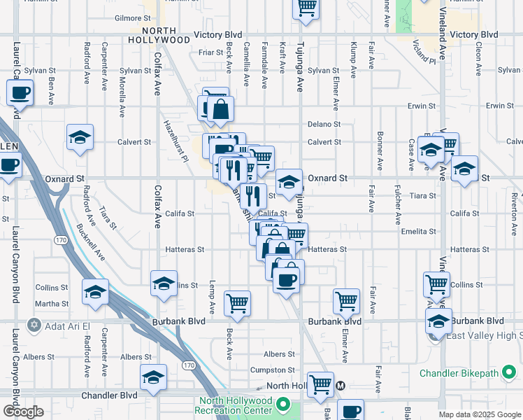 map of restaurants, bars, coffee shops, grocery stores, and more near 11469 Califa Street in Los Angeles