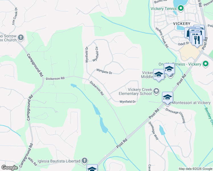 map of restaurants, bars, coffee shops, grocery stores, and more near 7150 Wynfield Court in Cumming