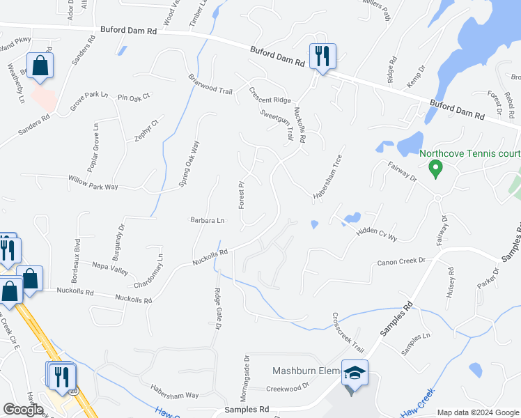 map of restaurants, bars, coffee shops, grocery stores, and more near 4618 Forest Place in Cumming