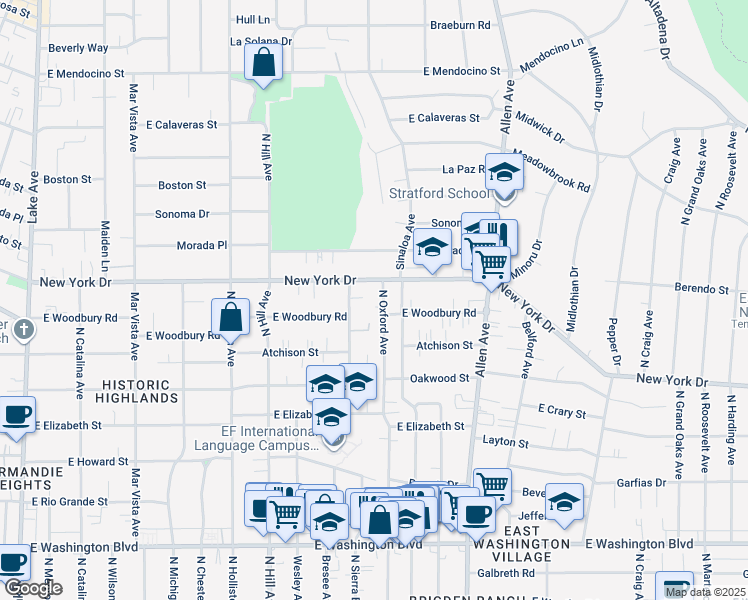 map of restaurants, bars, coffee shops, grocery stores, and more near 1845 North Oxford Avenue in Pasadena