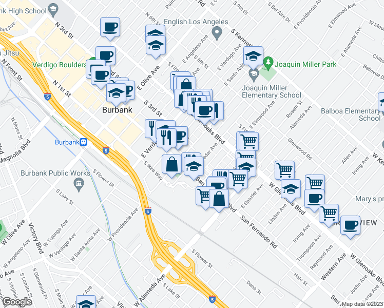 map of restaurants, bars, coffee shops, grocery stores, and more near 240 East Providencia Avenue in Burbank