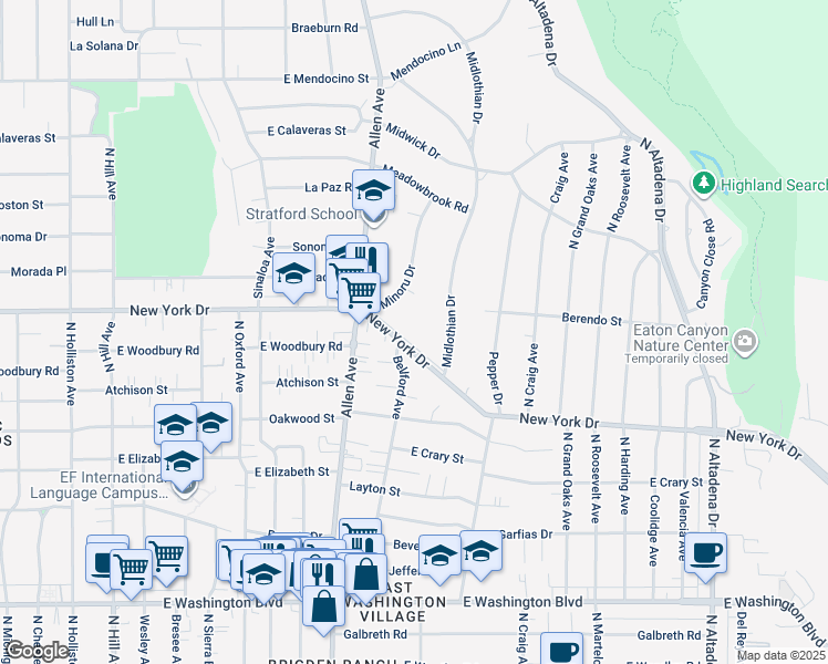 map of restaurants, bars, coffee shops, grocery stores, and more near 1991 New York Drive in Altadena