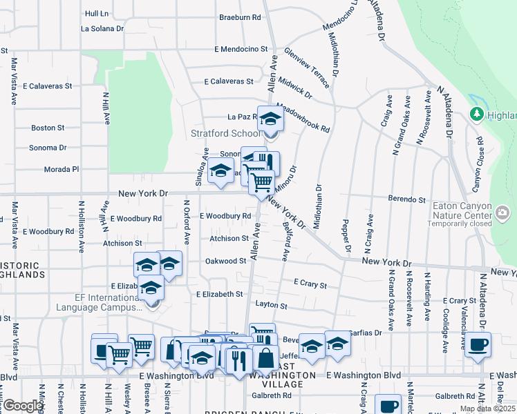 map of restaurants, bars, coffee shops, grocery stores, and more near 1832 Allen Avenue in Pasadena