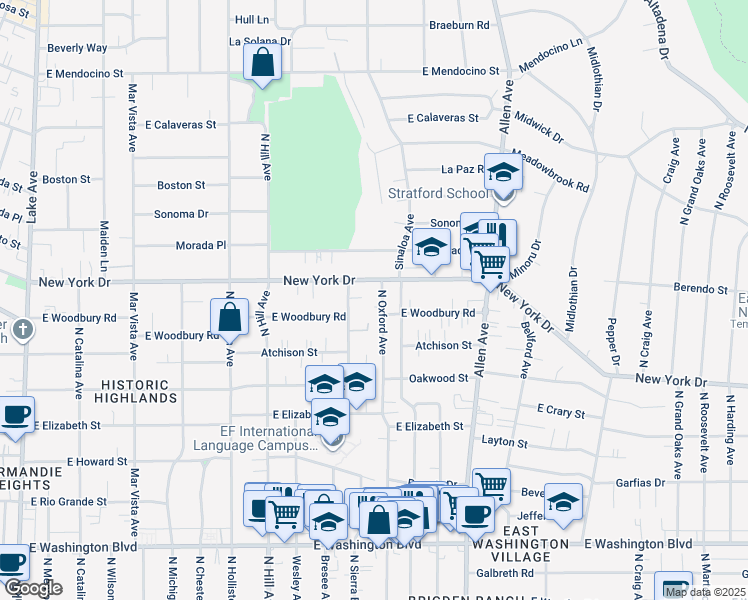 map of restaurants, bars, coffee shops, grocery stores, and more near 1824 North Sierra Bonita Avenue in Pasadena