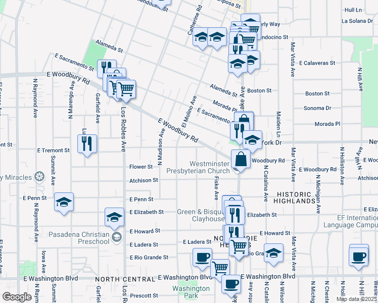 map of restaurants, bars, coffee shops, grocery stores, and more near 1834 Walworth Avenue in Pasadena