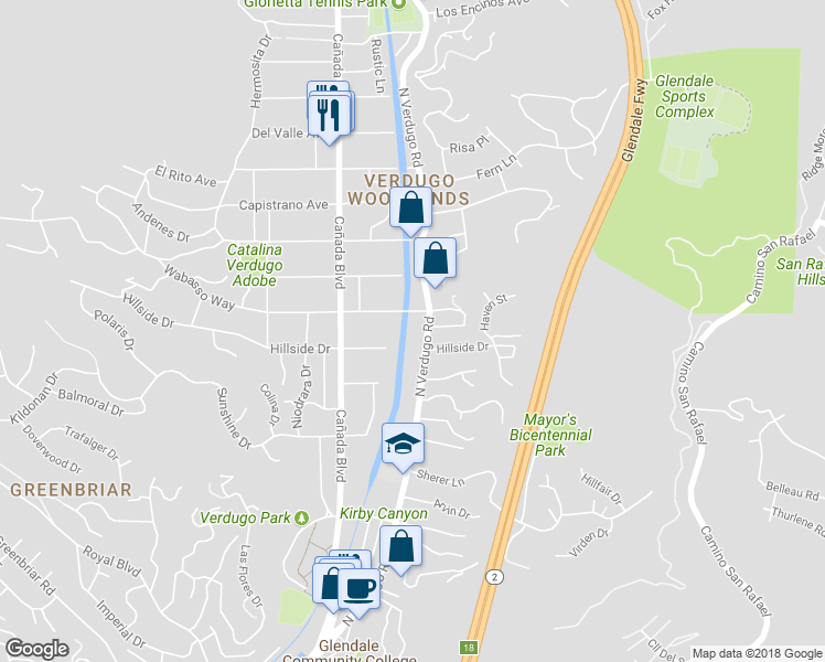 map of restaurants, bars, coffee shops, grocery stores, and more near 2004 North Verdugo Road in Glendale
