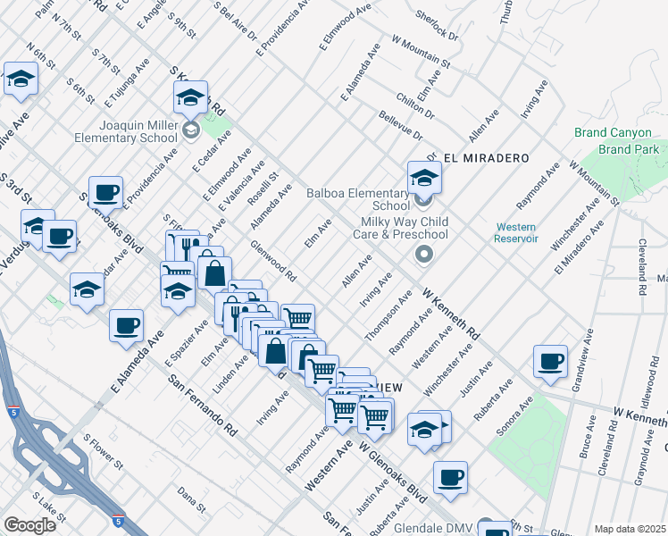 map of restaurants, bars, coffee shops, grocery stores, and more near 1243 Allen Avenue in Glendale