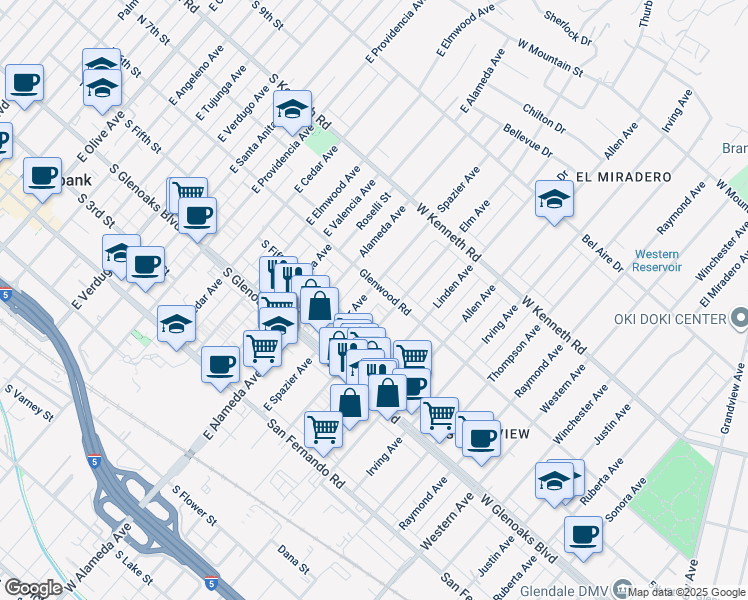 map of restaurants, bars, coffee shops, grocery stores, and more near 1147 Elm Avenue in Glendale