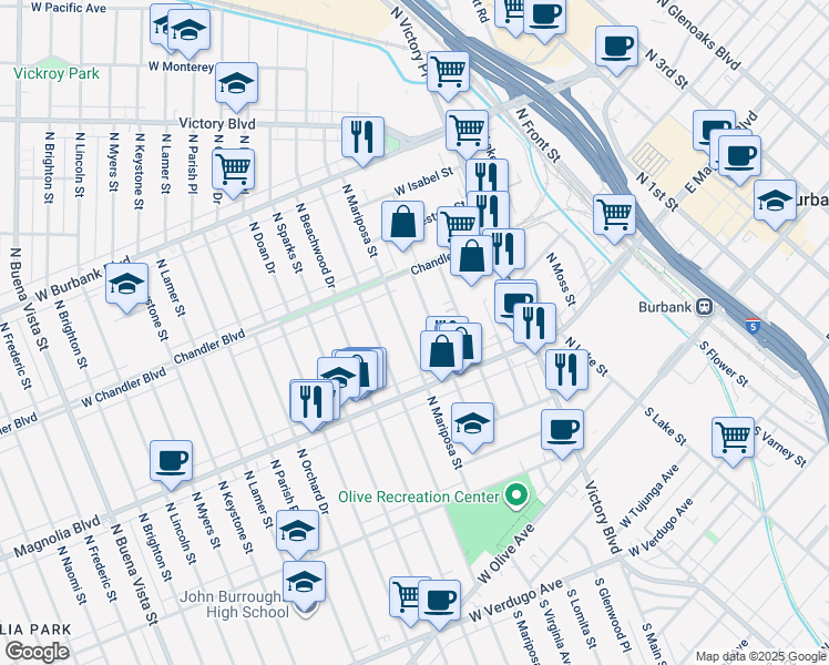 map of restaurants, bars, coffee shops, grocery stores, and more near 538 North Mariposa Street in Burbank
