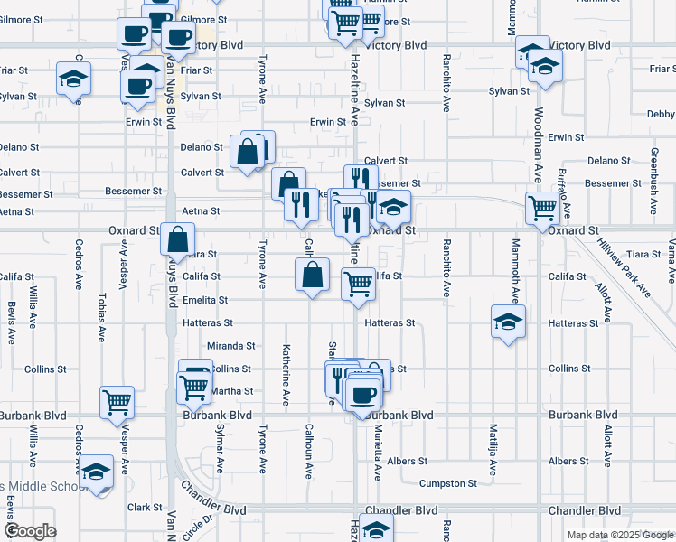map of restaurants, bars, coffee shops, grocery stores, and more near 14142 Califa Street in Los Angeles
