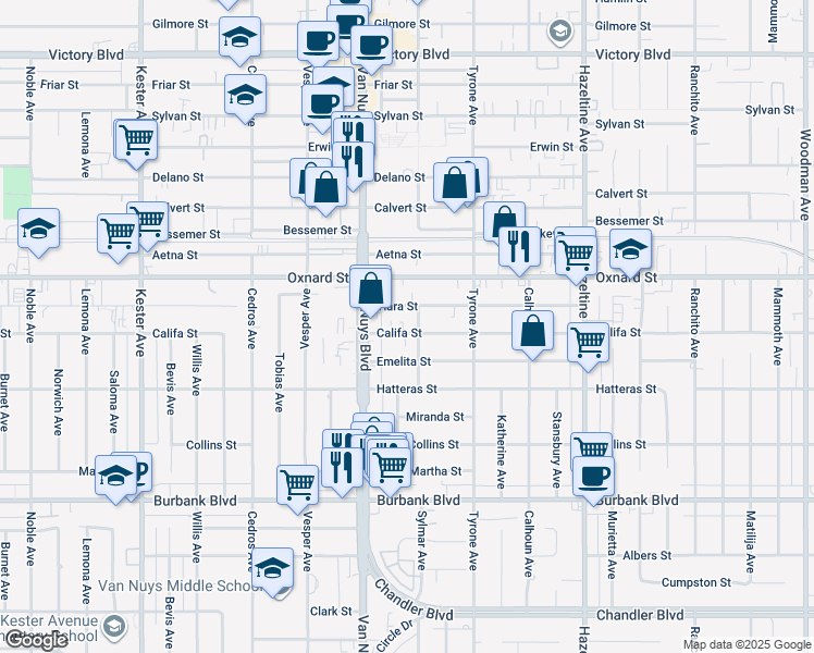 map of restaurants, bars, coffee shops, grocery stores, and more near 14427 Califa Street in Los Angeles
