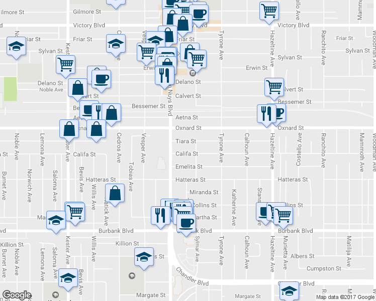 map of restaurants, bars, coffee shops, grocery stores, and more near 14427 Califa Street in Los Angeles