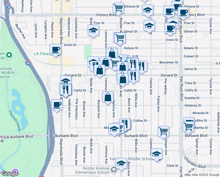 map of restaurants, bars, coffee shops, grocery stores, and more near 5856 Lemona Avenue in Los Angeles