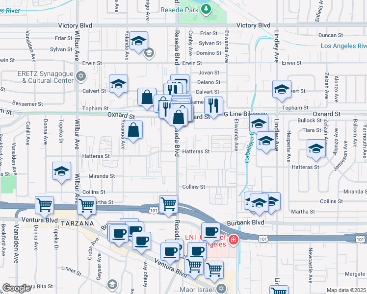 map of restaurants, bars, coffee shops, grocery stores, and more near in Los Angeles