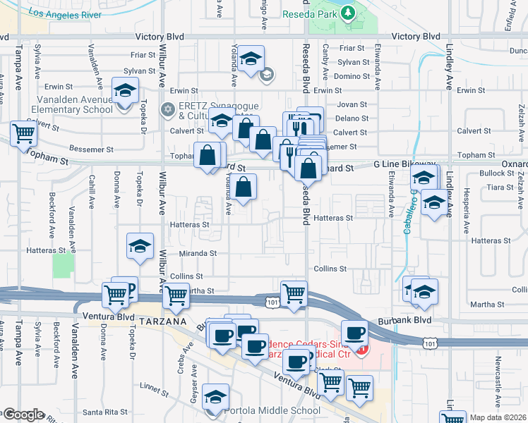 map of restaurants, bars, coffee shops, grocery stores, and more near 18601 Hatteras Street in Los Angeles