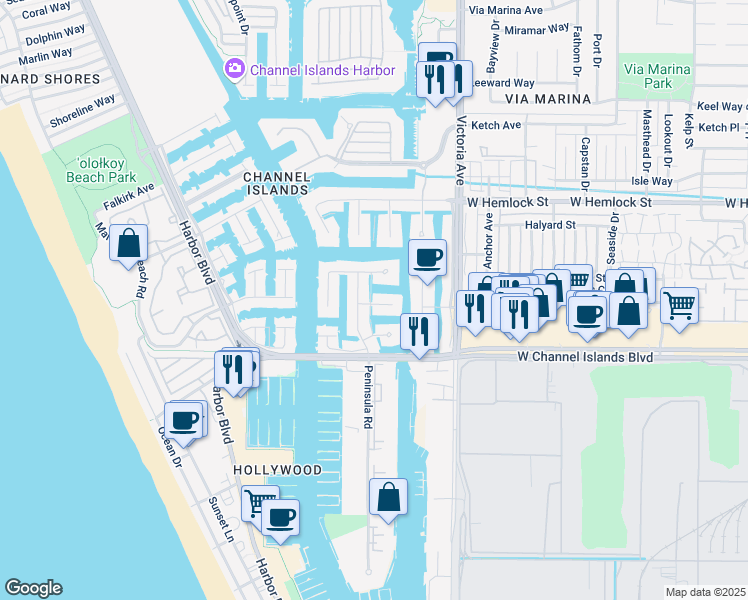 map of restaurants, bars, coffee shops, grocery stores, and more near 4030 Ischia Drive in Oxnard