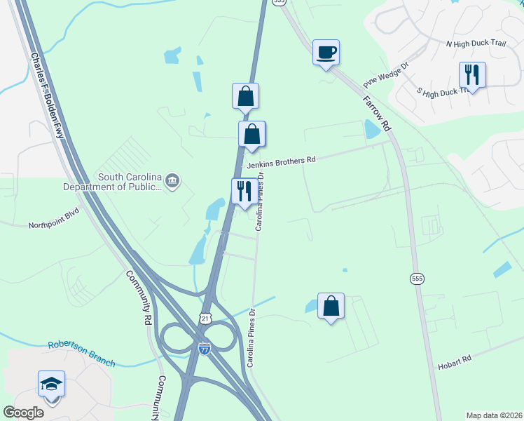 map of restaurants, bars, coffee shops, grocery stores, and more near 1001 Carolina Pines Drive in Blythewood
