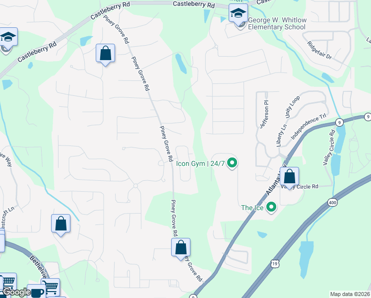 map of restaurants, bars, coffee shops, grocery stores, and more near 5176 Sherwood Way in Cumming