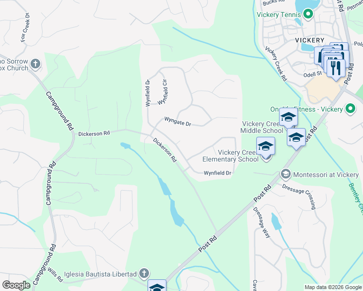 map of restaurants, bars, coffee shops, grocery stores, and more near 7150 Wynfield Court in Cumming