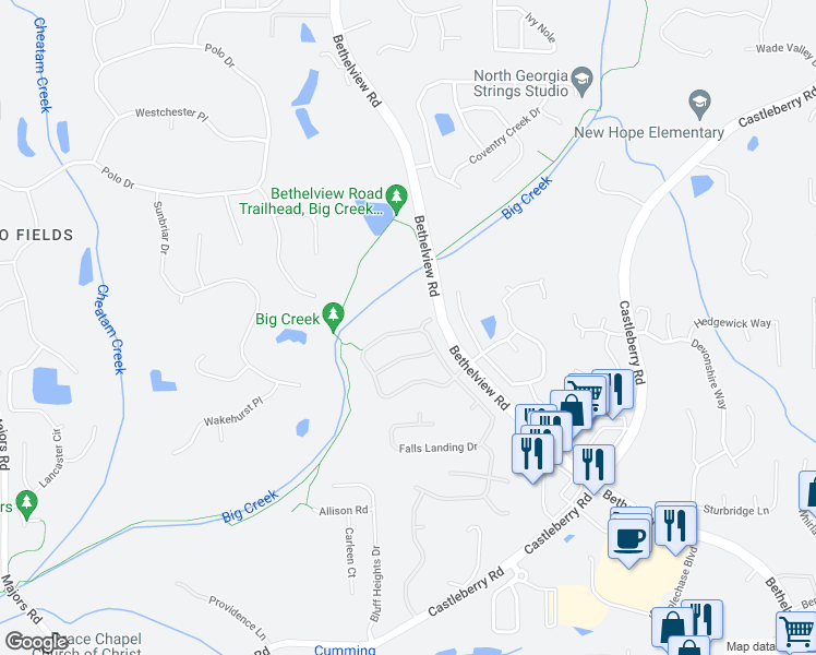 map of restaurants, bars, coffee shops, grocery stores, and more near 5885 Beaver Ridge Drive in Cumming