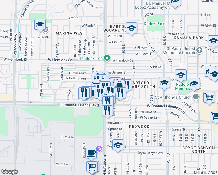 map of restaurants, bars, coffee shops, grocery stores, and more near 1431 Casa San Carlos Lane in Oxnard