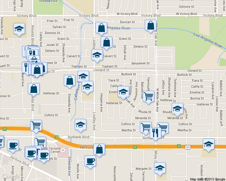 map of restaurants, bars, coffee shops, grocery stores, and more near 17947 Emelita Street in Los Angeles
