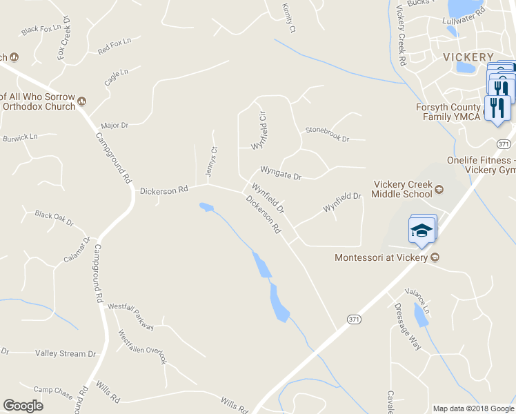 map of restaurants, bars, coffee shops, grocery stores, and more near 6925 Dickerson Road in Cumming