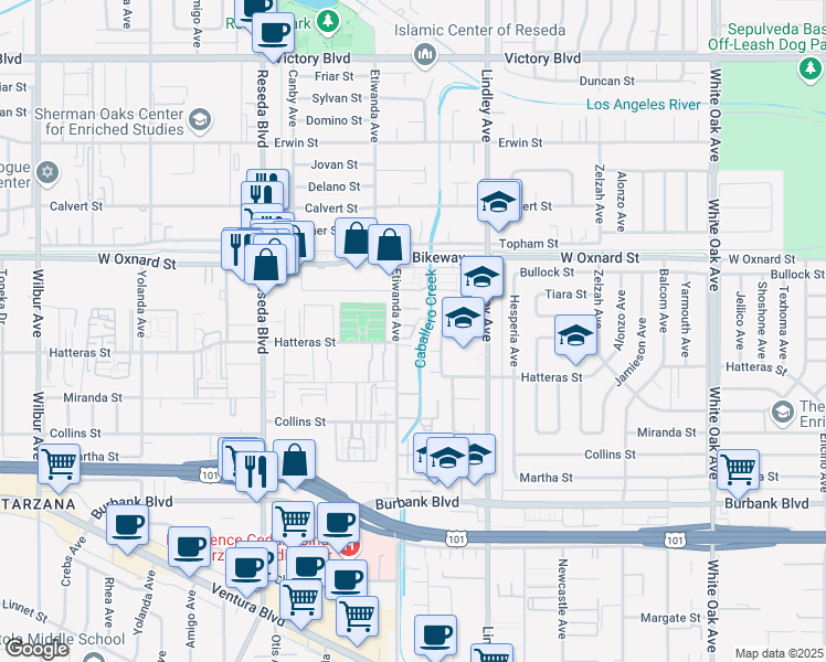 map of restaurants, bars, coffee shops, grocery stores, and more near 5906 Etiwanda Avenue in Los Angeles