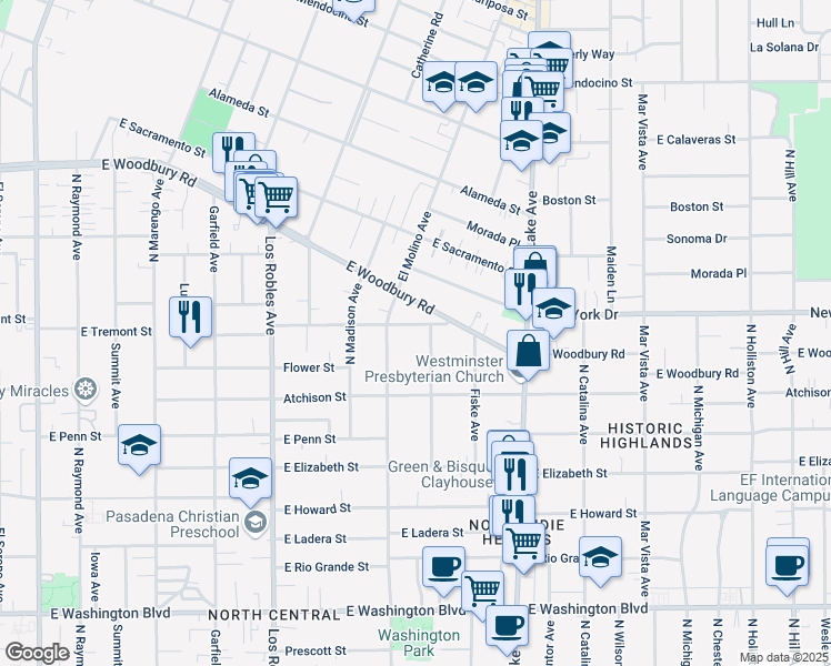 map of restaurants, bars, coffee shops, grocery stores, and more near 1834 Walworth Avenue in Pasadena