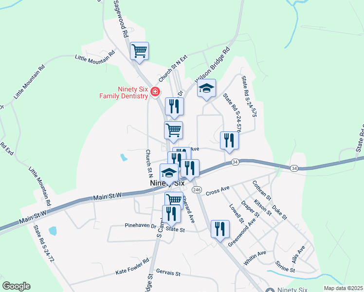 map of restaurants, bars, coffee shops, grocery stores, and more near 90-98 State Road S-24-675 in Ninety Six