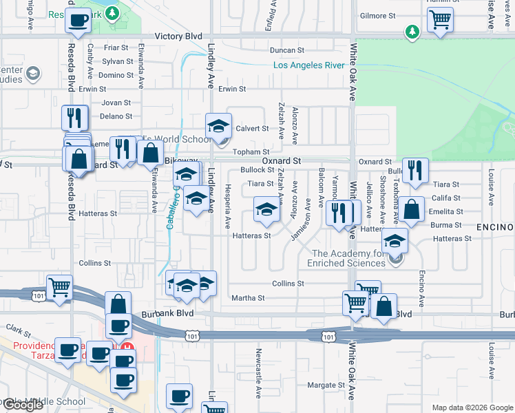 map of restaurants, bars, coffee shops, grocery stores, and more near 17941 Emelita Street in Los Angeles