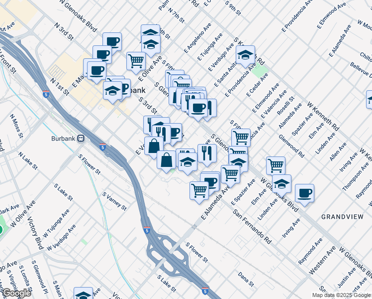map of restaurants, bars, coffee shops, grocery stores, and more near 240 East Providencia Avenue in Burbank