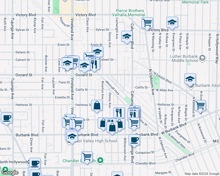 map of restaurants, bars, coffee shops, grocery stores, and more near 5859 Denny Avenue in Los Angeles